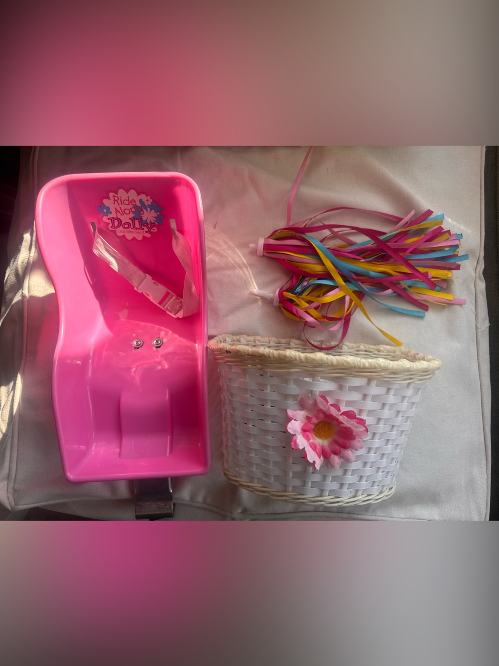Bright Pink Doll Stroller Seat with Floral Accent for bicycle